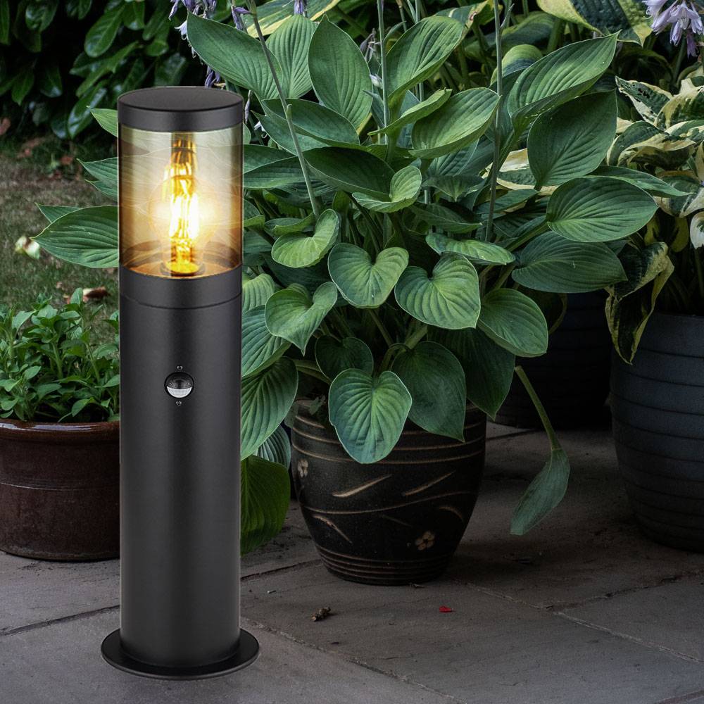 Smart LED Sockelleuchte Außen Stehlampe mit Bewegungsmelder Außenleuchte Edelstahl, App- und Sprachsteuerung, RGB Farbwechsel, schwarz rauchfarben