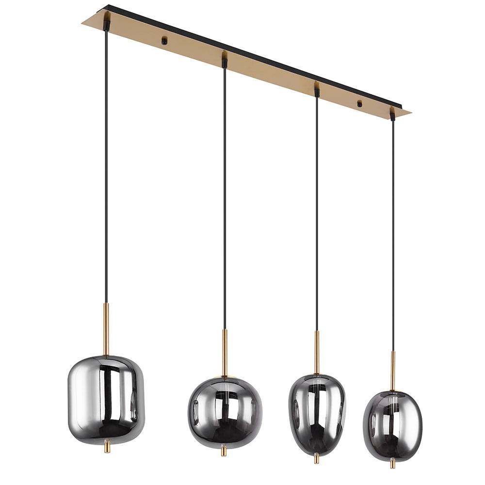 Pendelleuchte schwarz Glas Pendelleuchte Esszimmerlampe Hängeleuchte, 4 Flammig, Metall messing Glas rauchig, 4x E14 Fassungen, LxBxH 110x18,5x120cm