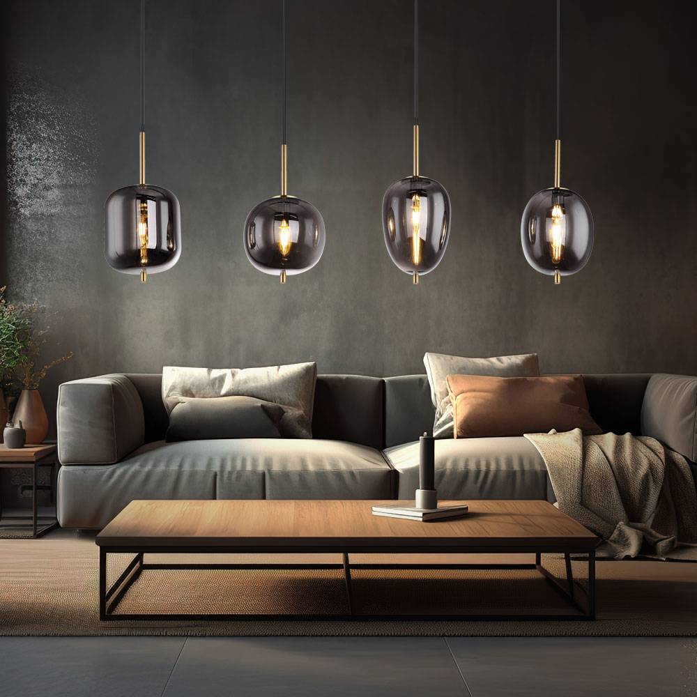 Pendelleuchte schwarz Glas Pendelleuchte Esszimmerlampe Hängeleuchte, 4 Flammig, Metall messing Glas rauchig, 4x E14 Fassungen, LxBxH 110x18,5x120cm