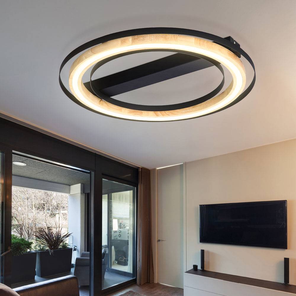 Deckenleuchte Bambus LED Deckenleuchte dimmbar Deckenlampe Wohnzimmer, 3 Stufendimmer Holzoptik, Metall schwarz Natur, 1x LED 21W 3000Lm 3000K, DxH