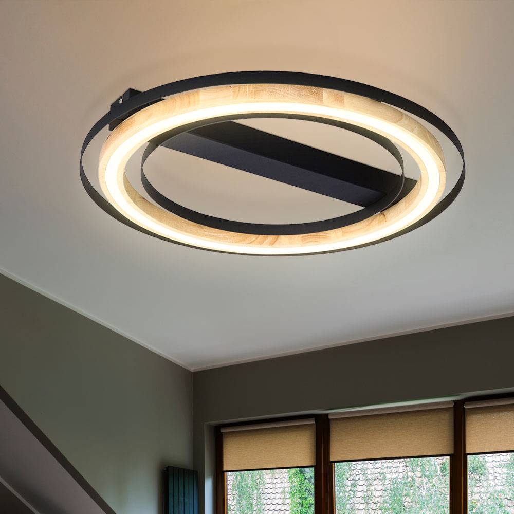 Deckenleuchte Bambus LED Deckenleuchte dimmbar Deckenlampe Wohnzimmer, 3 Stufendimmer Holzoptik, Metall schwarz Natur, 1x LED 21W 3000Lm 3000K, DxH