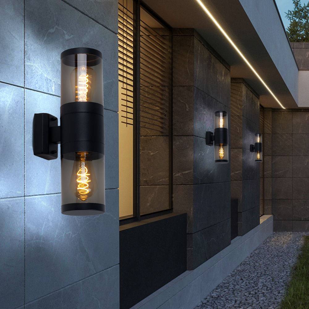 Wandleuchte Up and Down Leuchten Aussen Edelstahl Außen Aussenlampen Haus Wandleuchten Edelstahl, schwarz rauch, 2 Flammig E27 Fassungen, H 38 cm