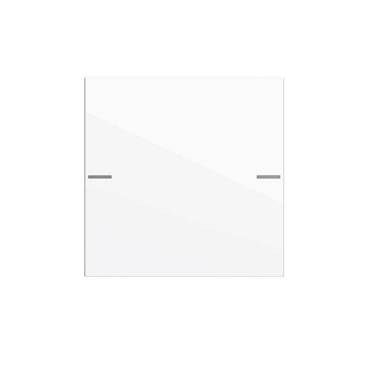 Weiße minimalistische quadratische Paneele oder Schranktür mit zwei kleinen horizontalen Griffen, zentriert auf weißem Hintergrund.