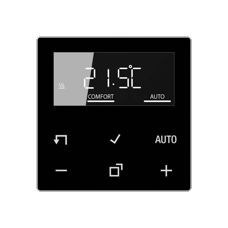 Schwarze digitale Thermostat-Steuerungstafel mit Anzeige von 21,5°C, COMFORT-Modus ausgewählt und AUTO angezeigt; Touchschaltflächen für Zurück, Bestätigen, Minus, Quadrat/Menü und Plus.