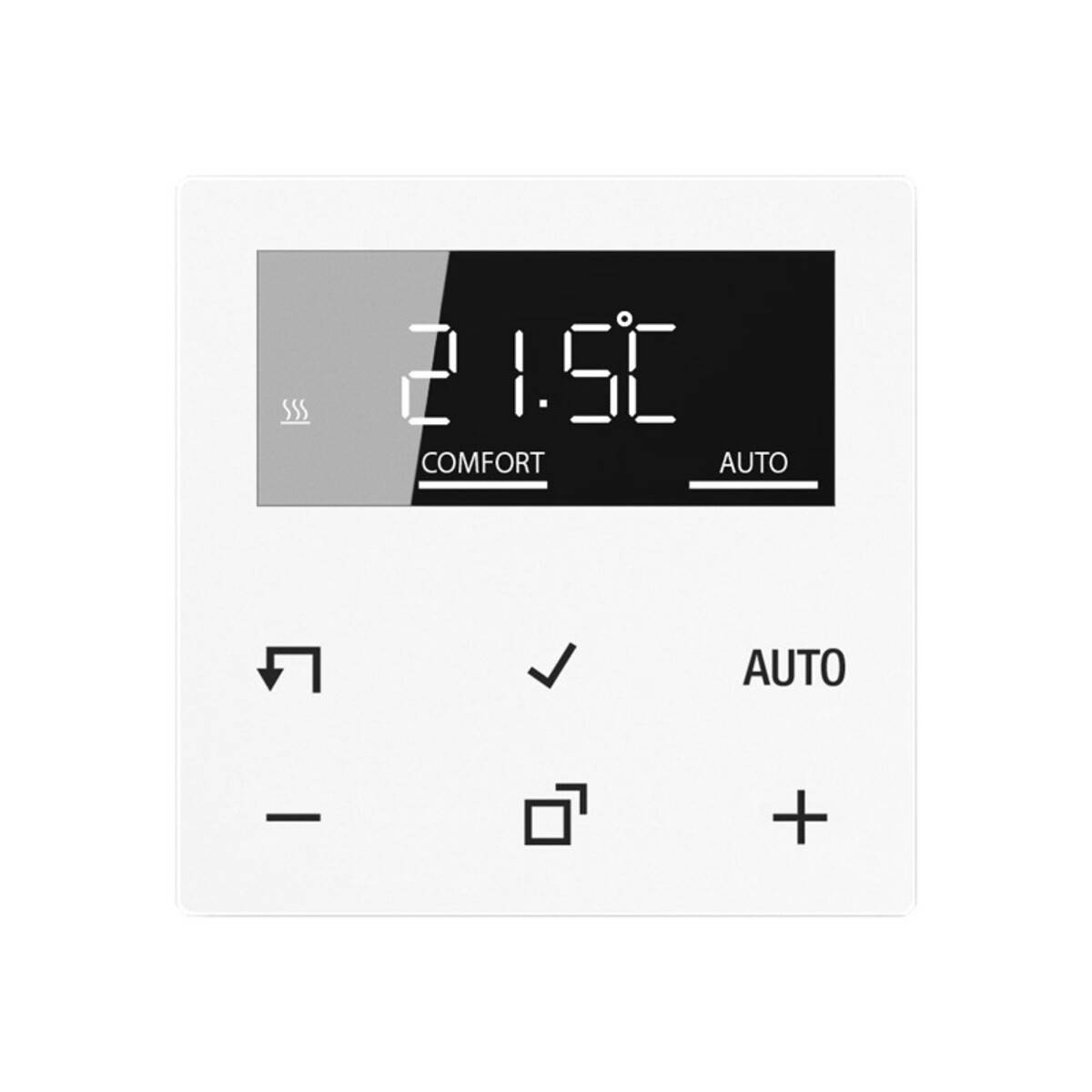 Digitale Thermostat-Anzeige zeigt 21,5°C an, mit ausgewähltem Komfortmodus und aktiviertem Auto-Modus; Touch-Tasten für Runter, Bestätigung, Minus, Menü und Plus.