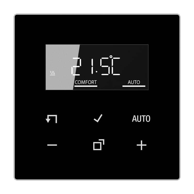 Touchscreen-Thermostat-Display zeigt 21,5°C im Komfortmodus mit aktiviertem Automatik-Modus und Plus-, Minus-, Bestätigungs- und Zurück-Symbolen.