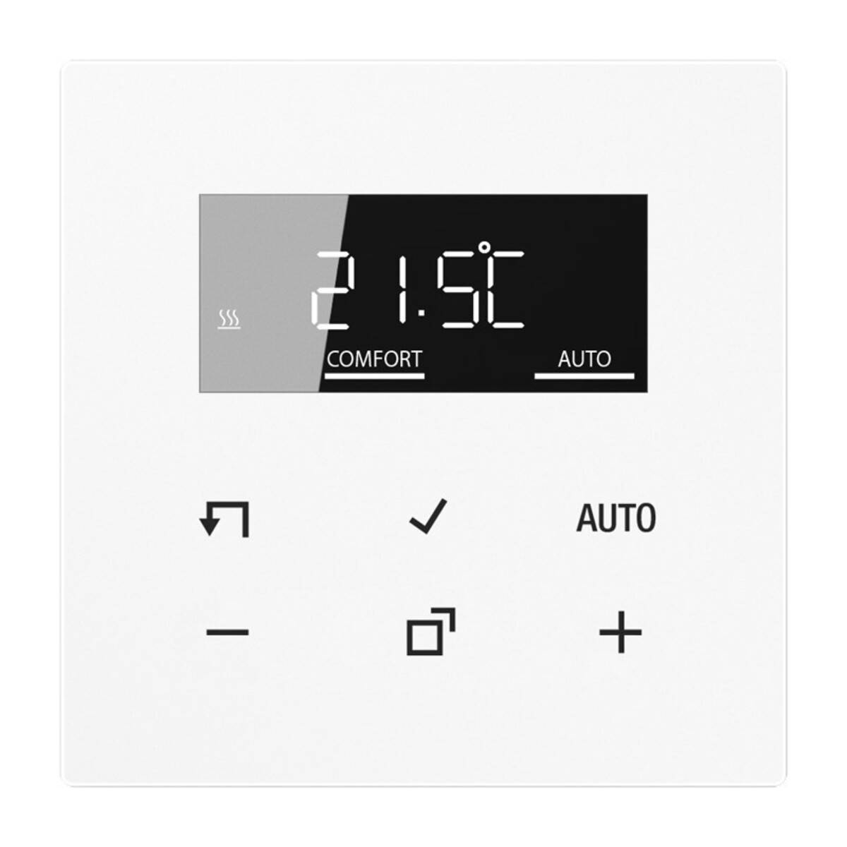 Wandthermostat-Bedienfeld zeigt 21,5°C im Komfortmodus an, mit Tasten für Zurück, Bestätigung, Automatik, Minus, Modus und Plus.