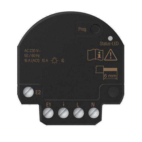 Schwarzes elektrisches Relaismodul mit beschrifteten Anschlüssen E1, E2, L, N; mit Aufschrift 'AC: 230 V', 'Status-LED' und einer 'Prog.'-Taste.