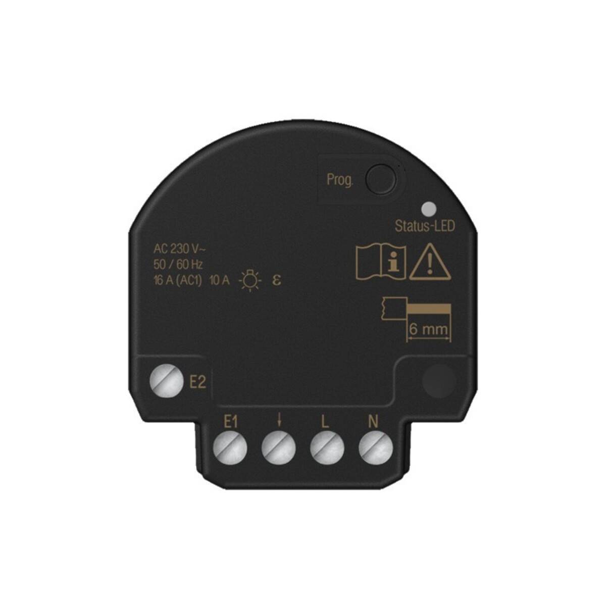 Schwarzes Elektromodul mit gekennzeichneten Anschlüssen E1, I, L und N, einer 