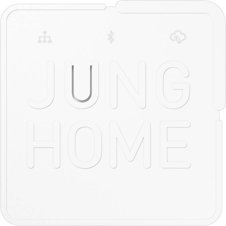 JUNG HOME' Logo mit Symbolen für Konnektivität, Bluetooth und Cloud-Dienste auf weißem Hintergrund, was intelligente Haustechnologie andeutet.