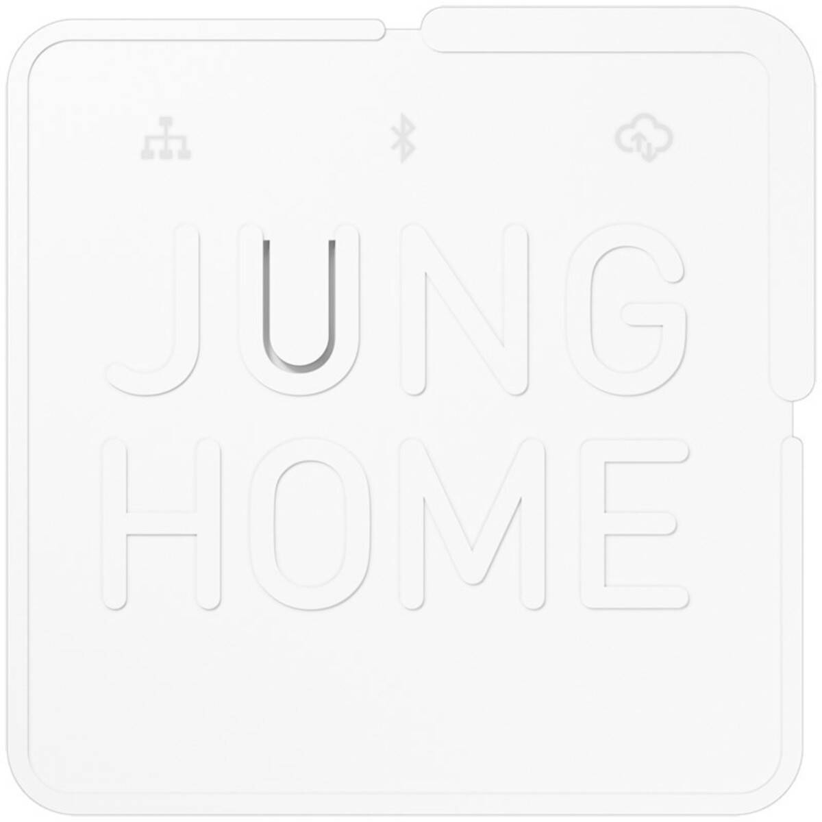 Minimalistisches weißes Abzeichen mit geprägtem Text „JUNG HOME