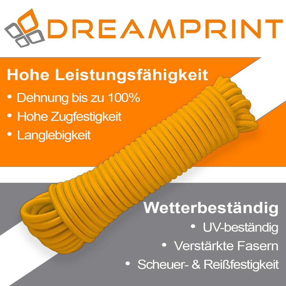 Dreamprint Expanderseil 30m Gelb 6mm Ø – Gummiseil, Planenseil, elastisches Seil für Innen & Außen – Wetterfest & Reißfest – Ideal für Ladu