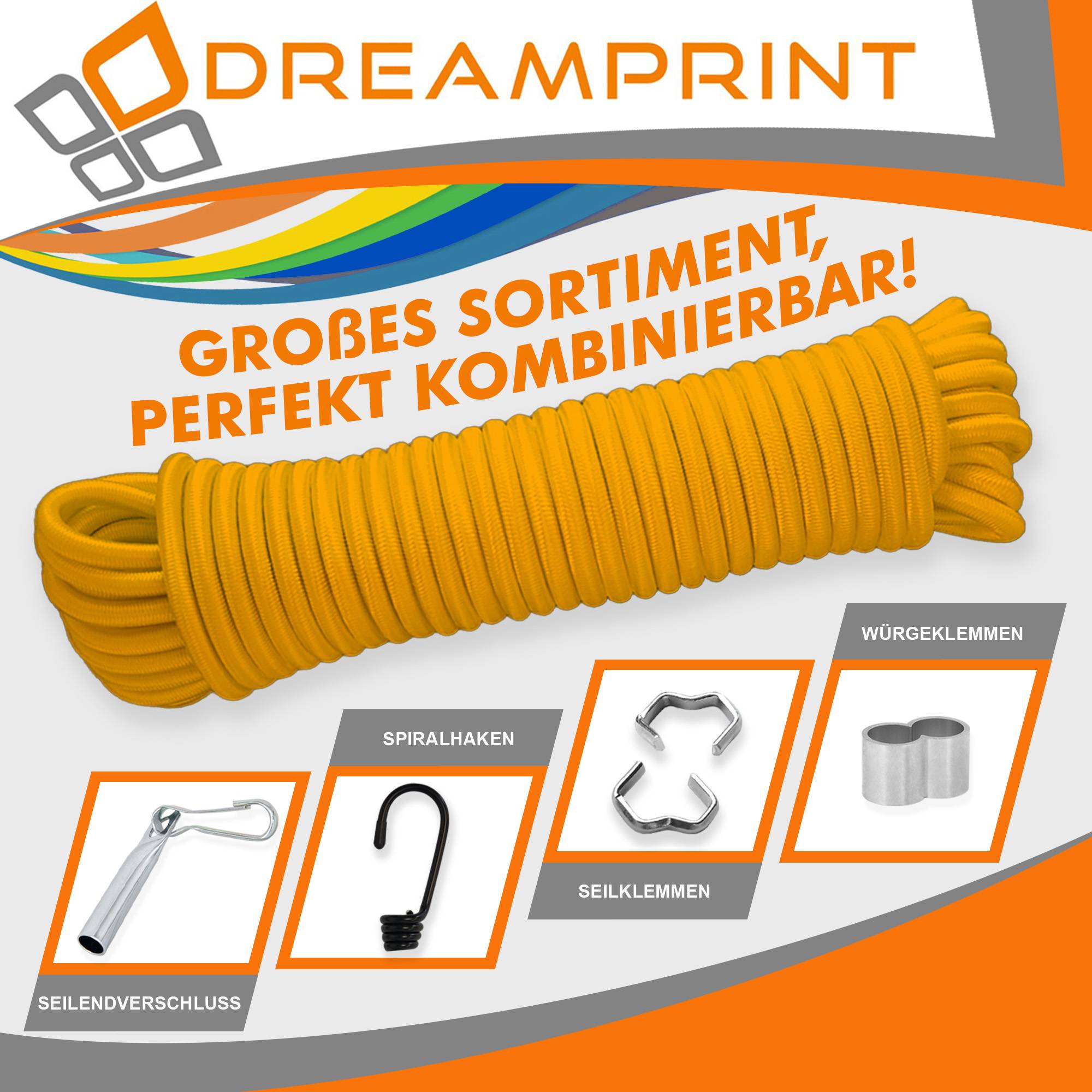 Dreamprint Expanderseil 30m Gelb 6mm Ø – Gummiseil, Planenseil, elastisches Seil für Innen & Außen – Wetterfest & Reißfest – Ideal für Ladu