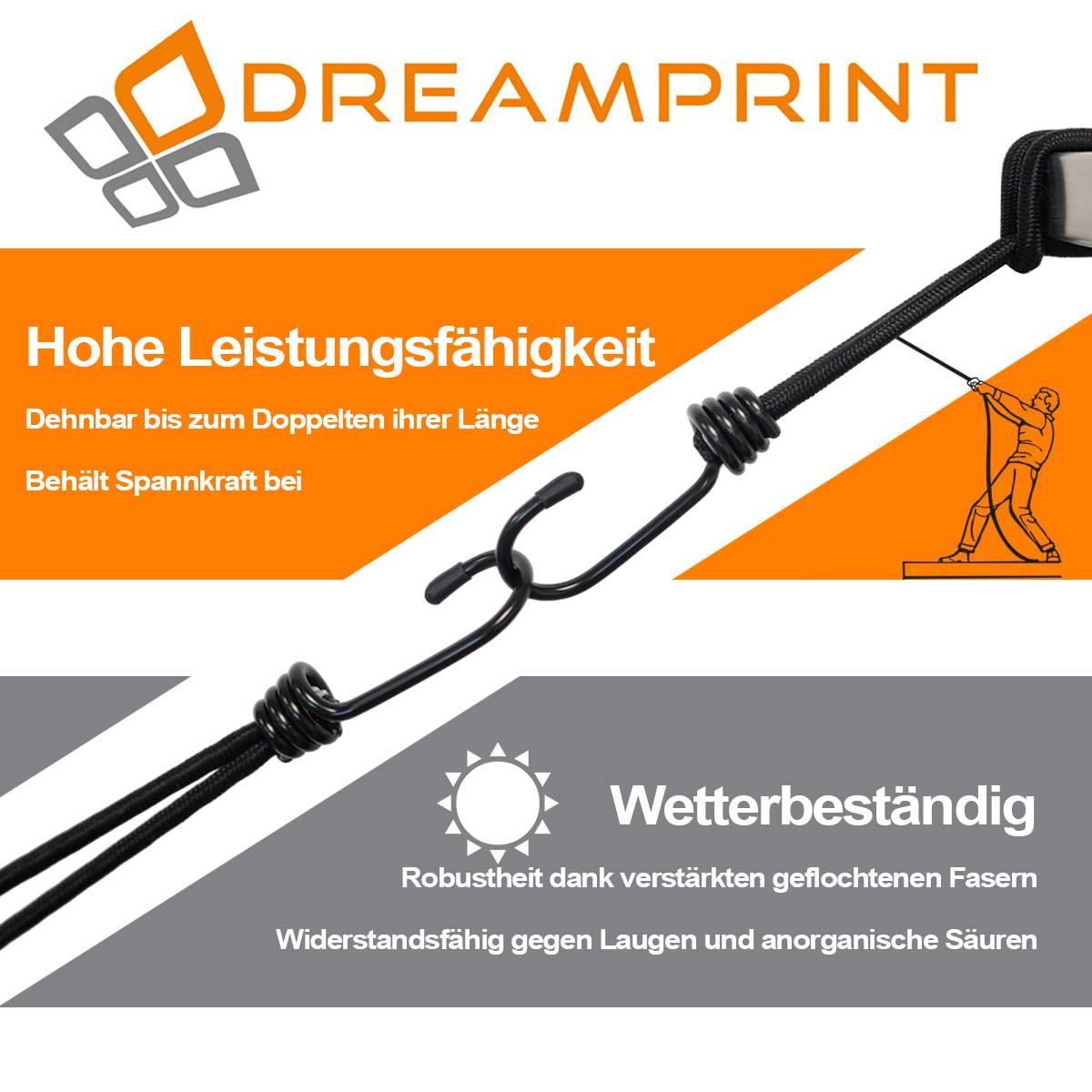Dreamprint Expanderschlingen mit Haken Schwarz – 50 Stück | 6 mm | 30 cm | Planenspanner Spanngummi | Metall-Spiralhaken | UV- & Wetterfest | Plane