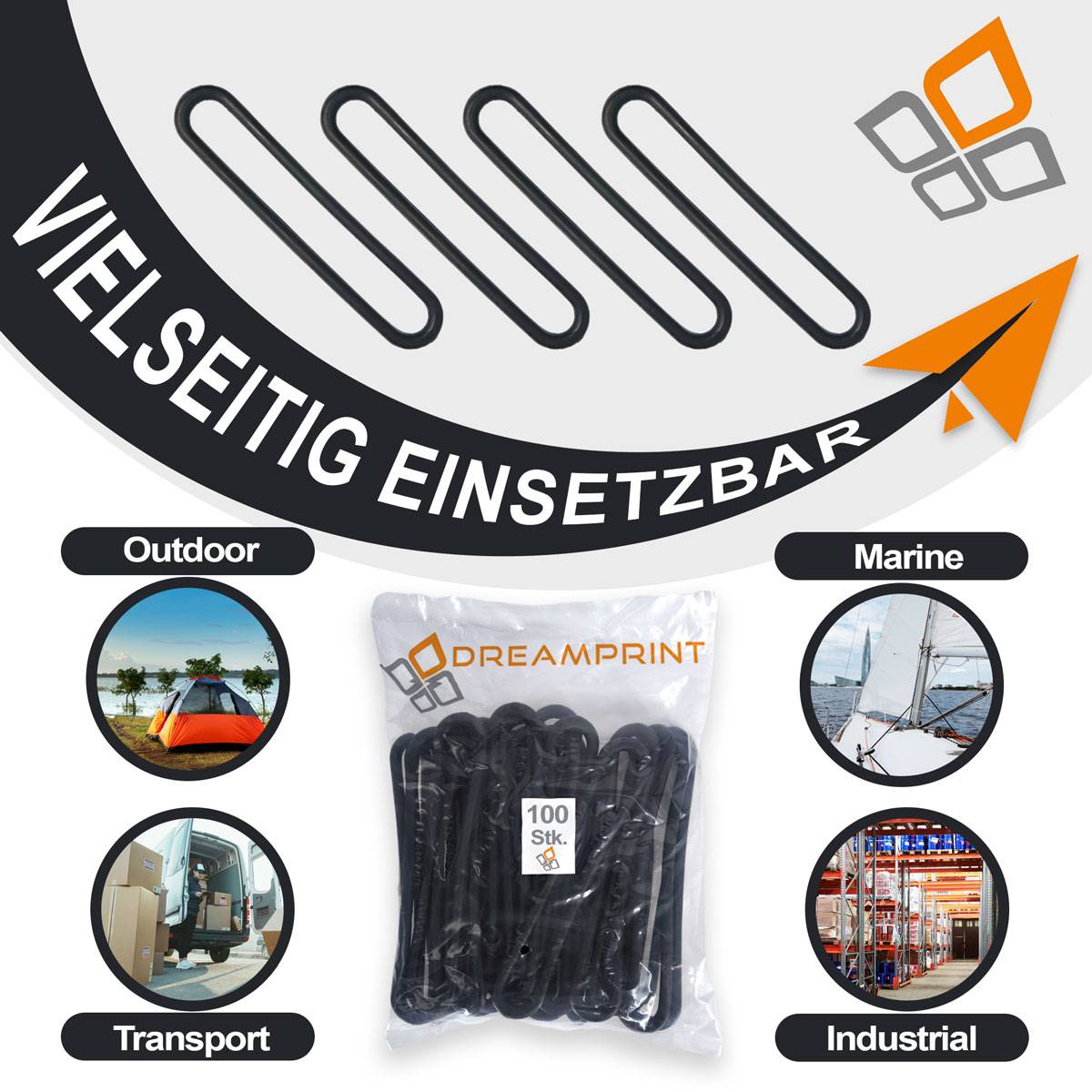 Dreamprint Gummispannringe (100 Stück, 250mm, Ø8mm) – Spanngummi in Schwarz für Anhängerplanen - Gummiring, Spannring, Gummiband, Planenspanner