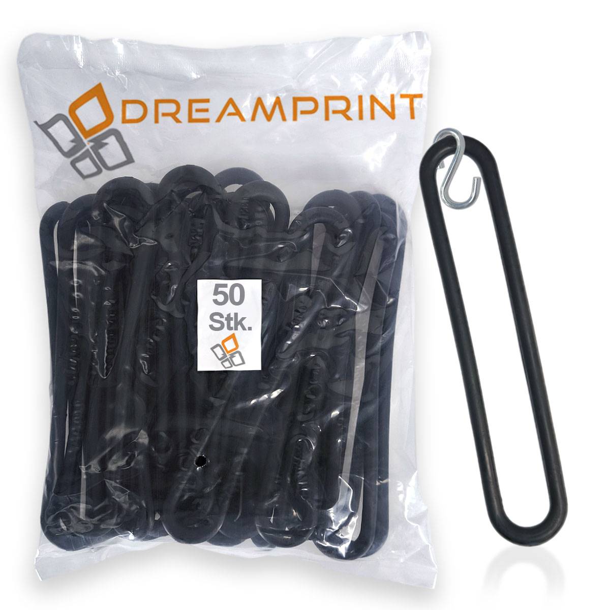 Dreamprint Gummispannringe (50 Stück, 400mm, Ø8mm) + 50 x S-Haken – Spanngummi in Schwarz für Anhängerplanen - Gummiring, Spannring, Gummiband,