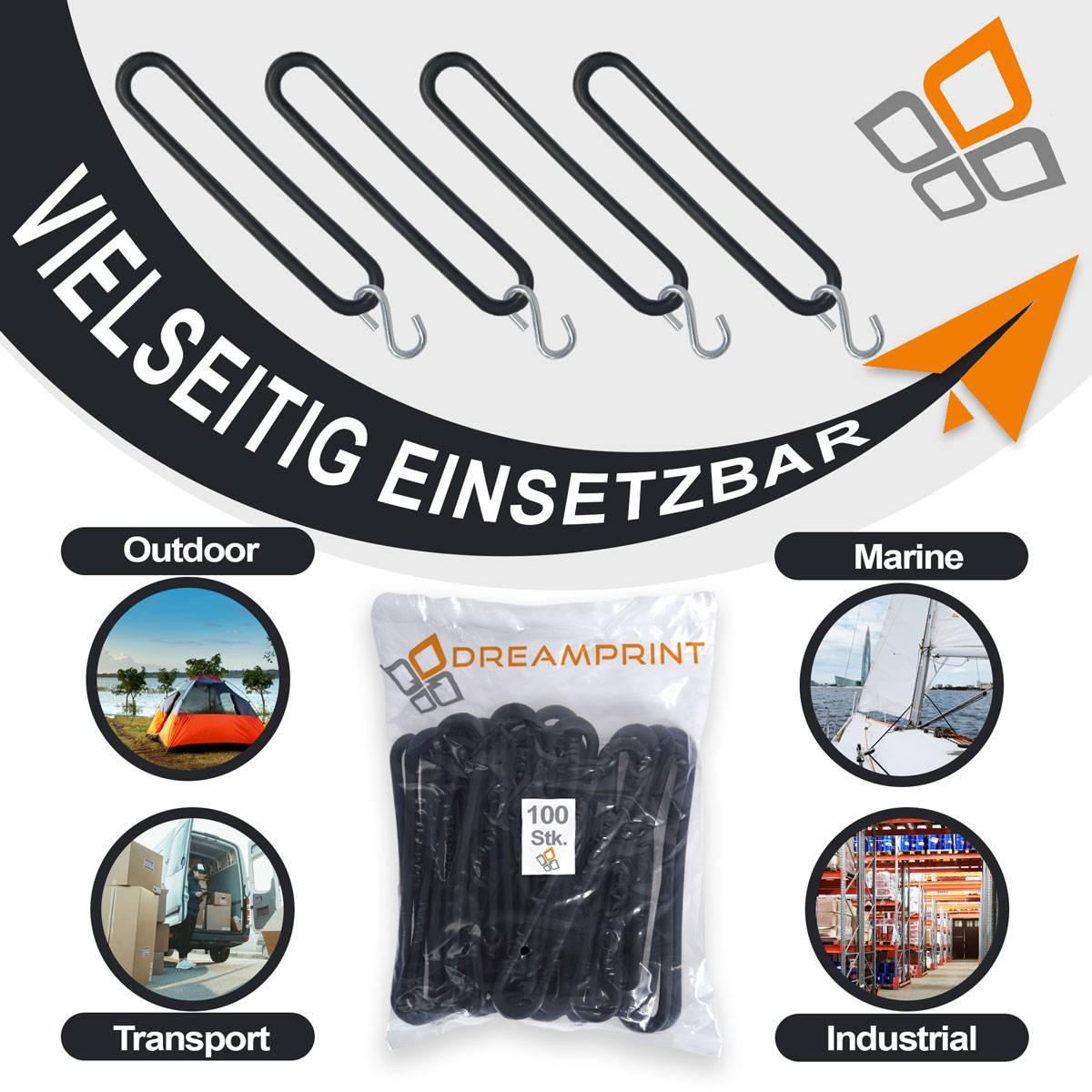Dreamprint Gummispannringe (100 Stück, 250mm, Ø8mm) + 100 x S-Haken – Spanngummi in Schwarz für Anhängerplanen - Gummiring, Spannring, Gummiband