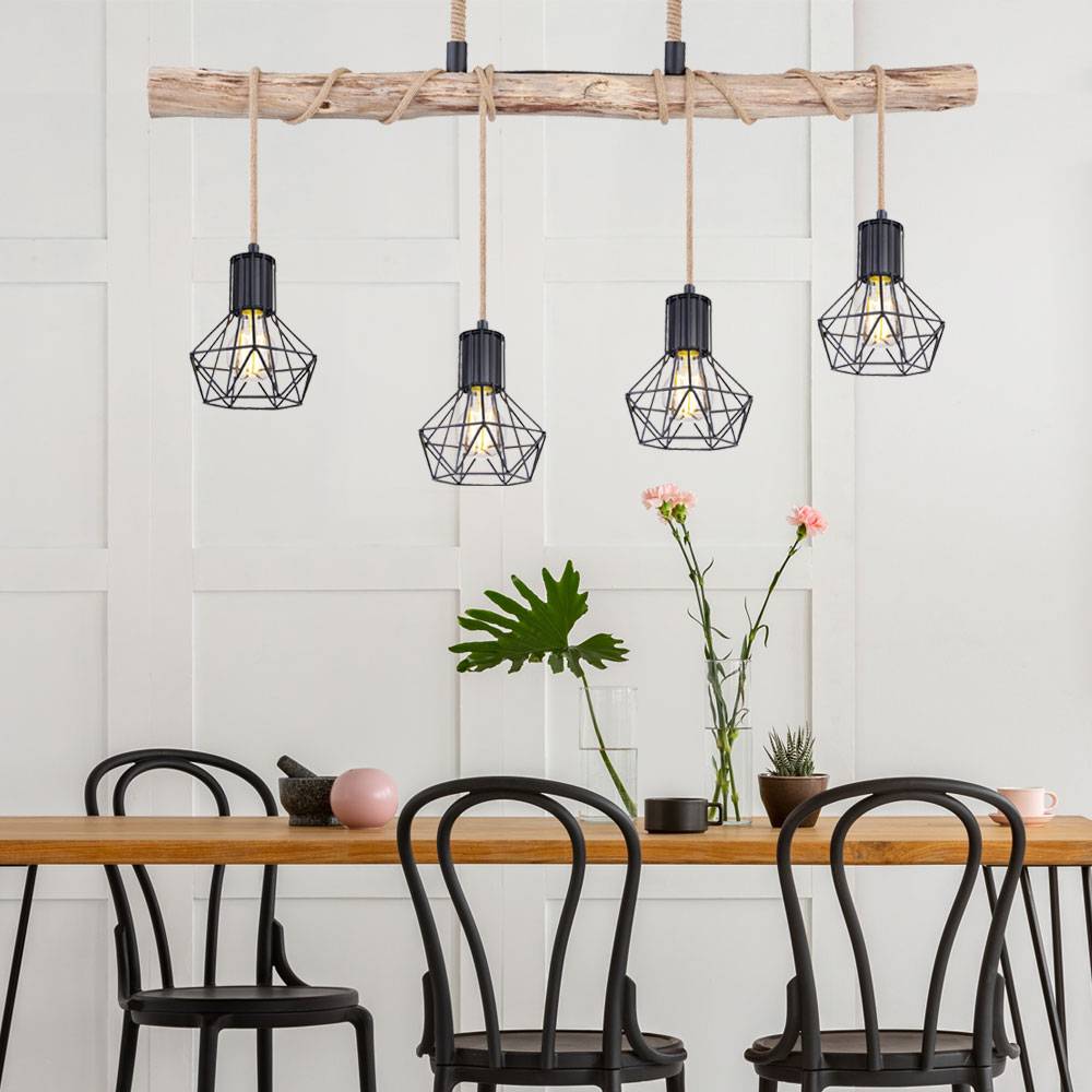 LED Hängelampe Holzbalken natur Pendelleuchte Käfig schwarz Hängeleuchte Holz, schwarz, 4x E27 Fassungen, 5W 300Lm 1800K warmweiß, LxBxH 100x13,3x