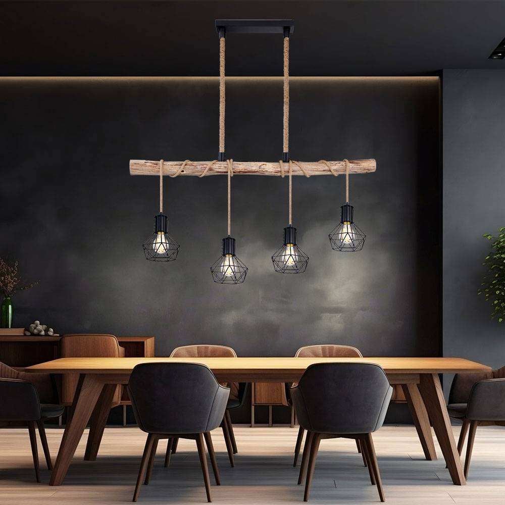 Hängeleuchte Holzbalken Esszimmerleuchte Höhenverstellbar Hängelampe Holz Gitterschirmen, Metall, 4x LED 7W 806Lm warmweiß, LxBxH 100x13,3x120 cm