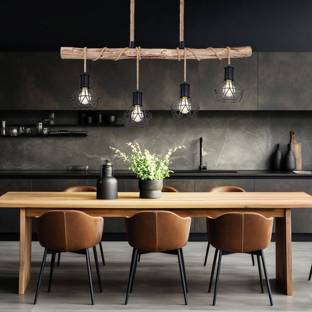 Hängeleuchte Holzbalken natur Pendelleuchte Käfig schwarz Hängelampe Holz Landhausstil, schwarz, 4x E27 Fassungen, LxBxH 100x15x120 cm