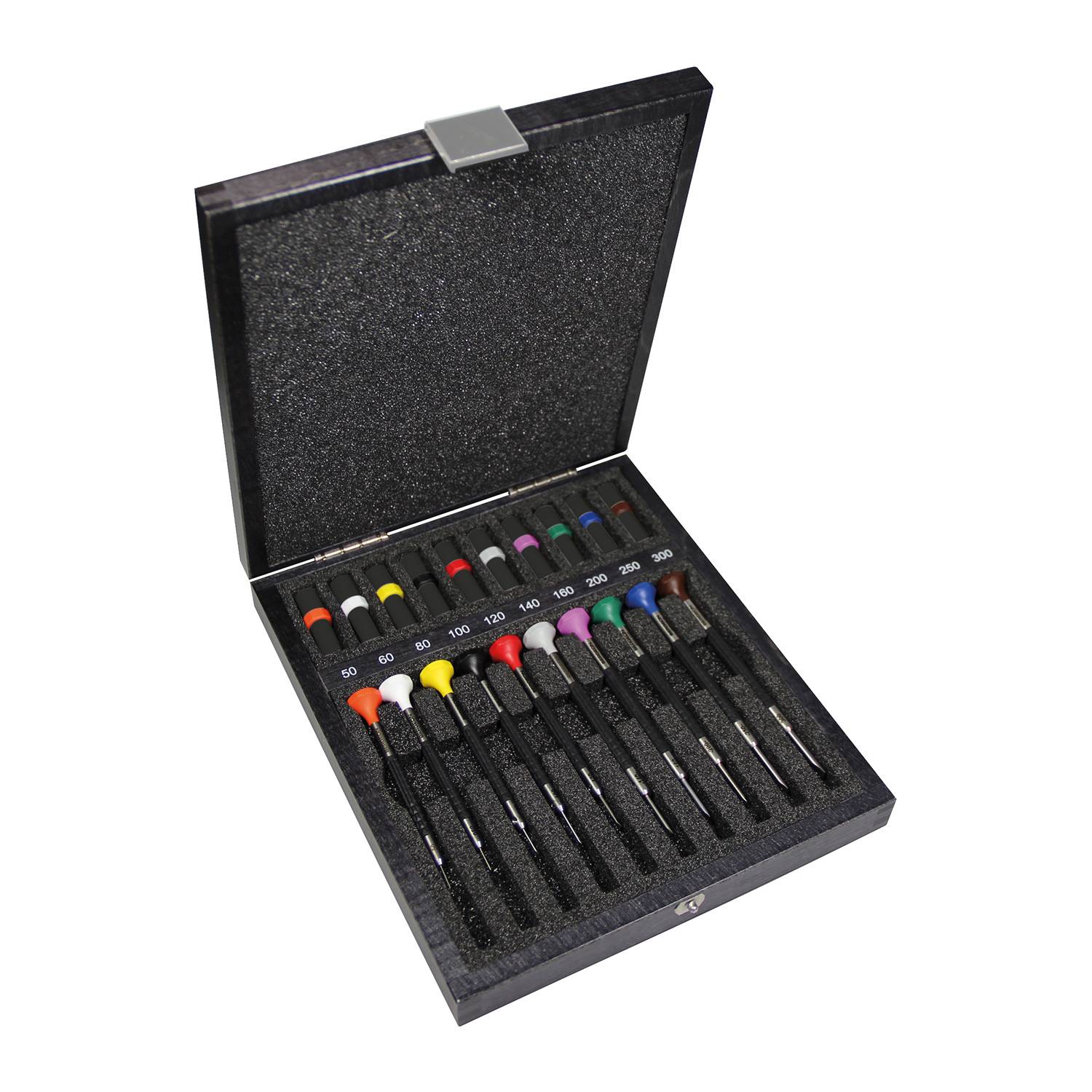 Bergeon 6899-A-10 Schraubendreher-Sortiment, 10 Stück, drehbarer Kopf, Holzetui