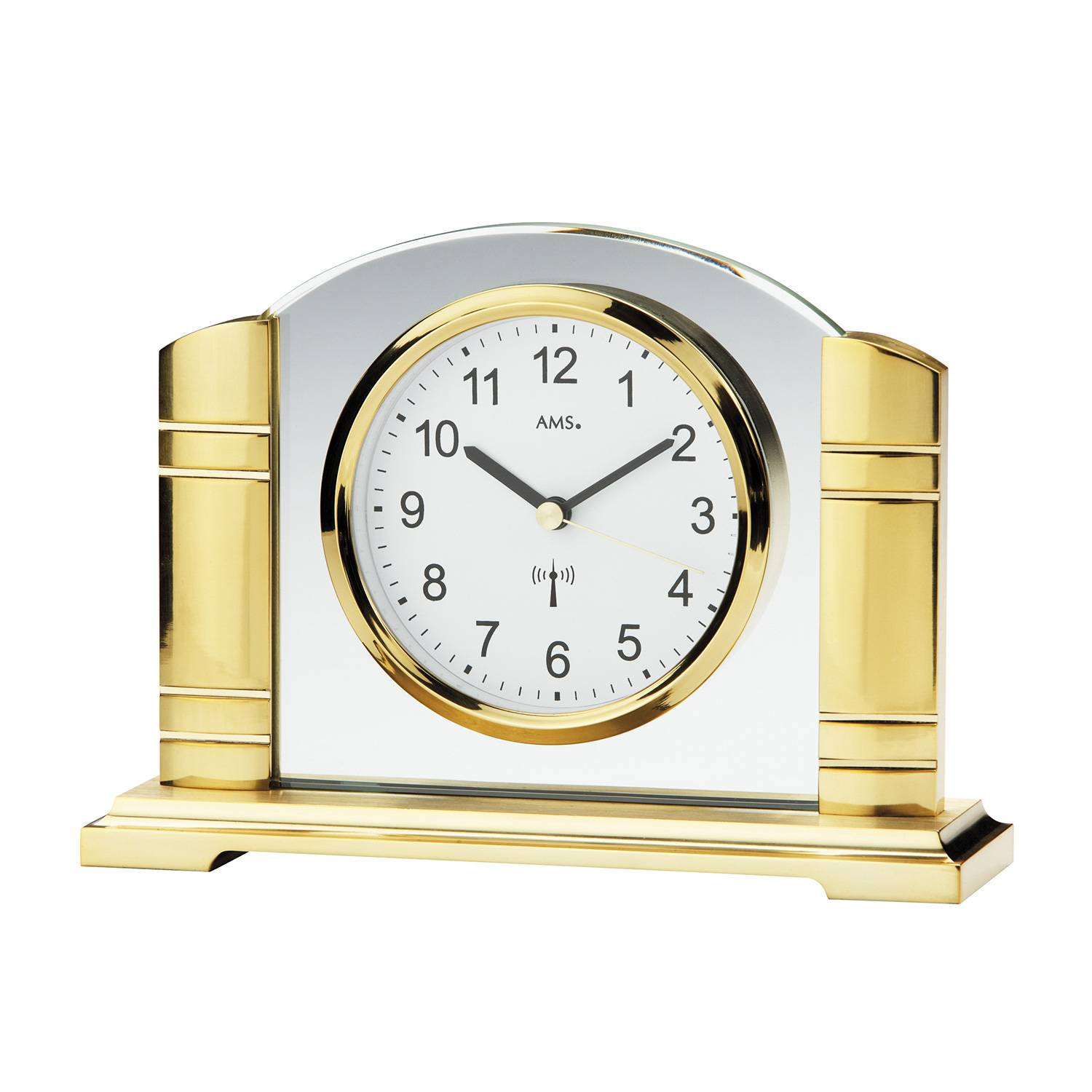 AMS. Tischuhr F5143, Funk, goldfarbenes Metallgehäuse, geschliffenes Mineralglas