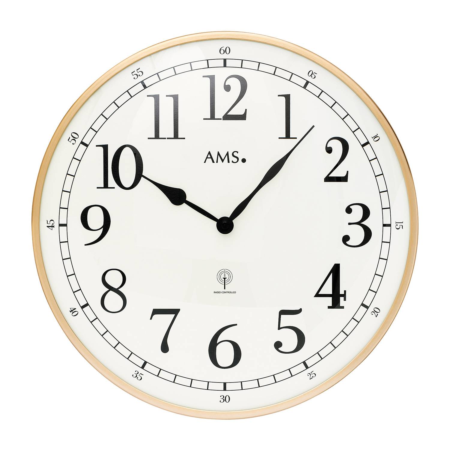 AMS 5607 Funk-Wanduhr, goldenes Metallgehäuse, Mineralglas