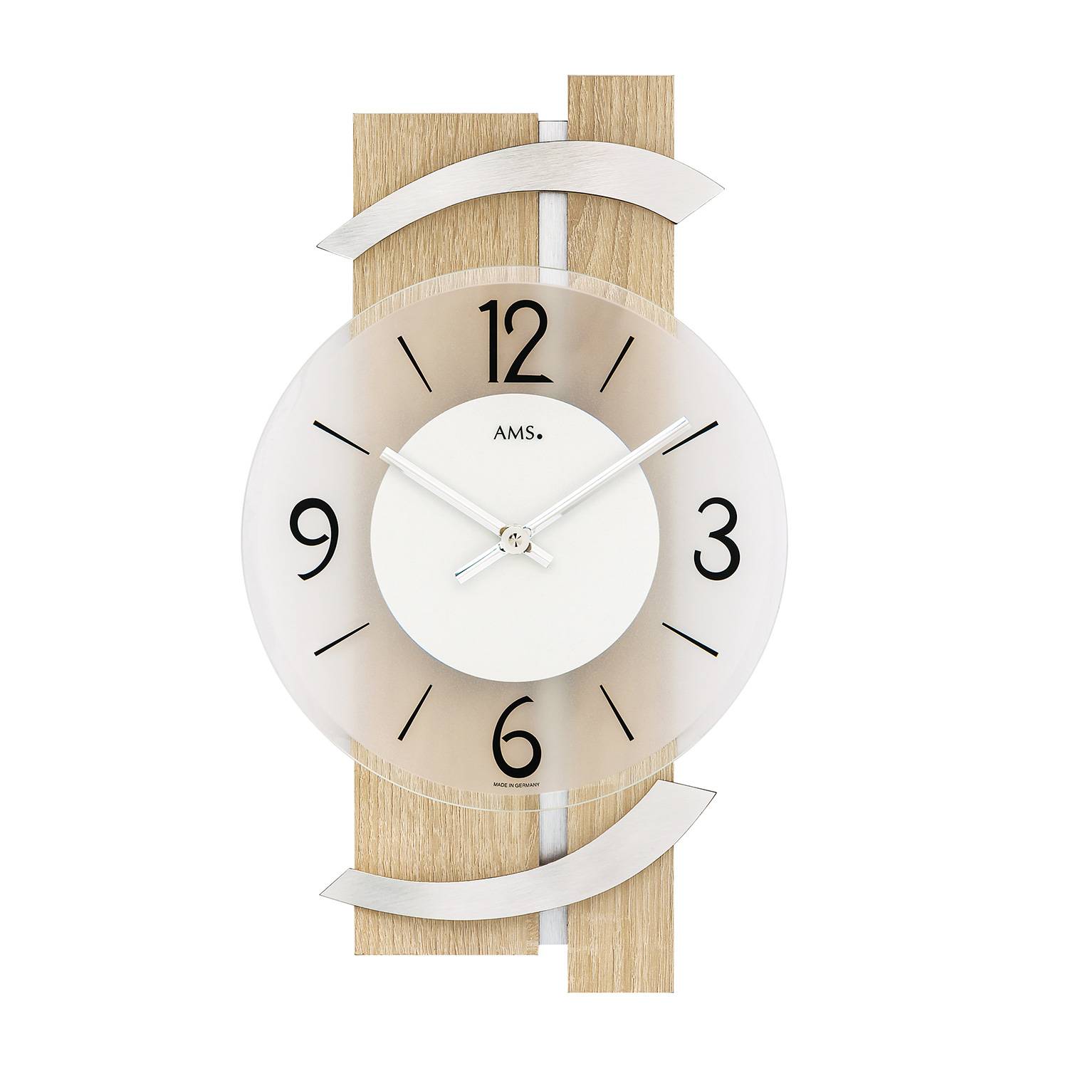 AMS 9546 Wanduhr, Quarz, Holz, Sonoma, Aluminium, Mineralglas, made in Germany