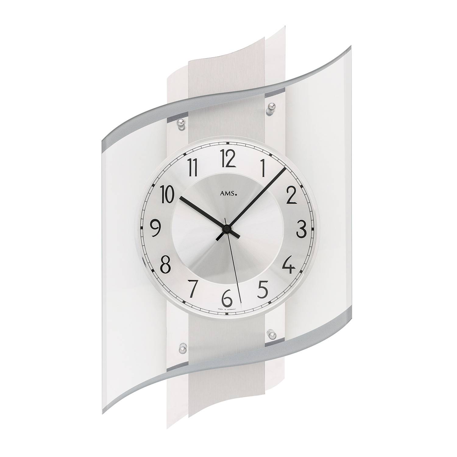 AMS. Funk-Wanduhr 5516, Holzgehäuse mit Aluminium-Veredelung, Mineralglas