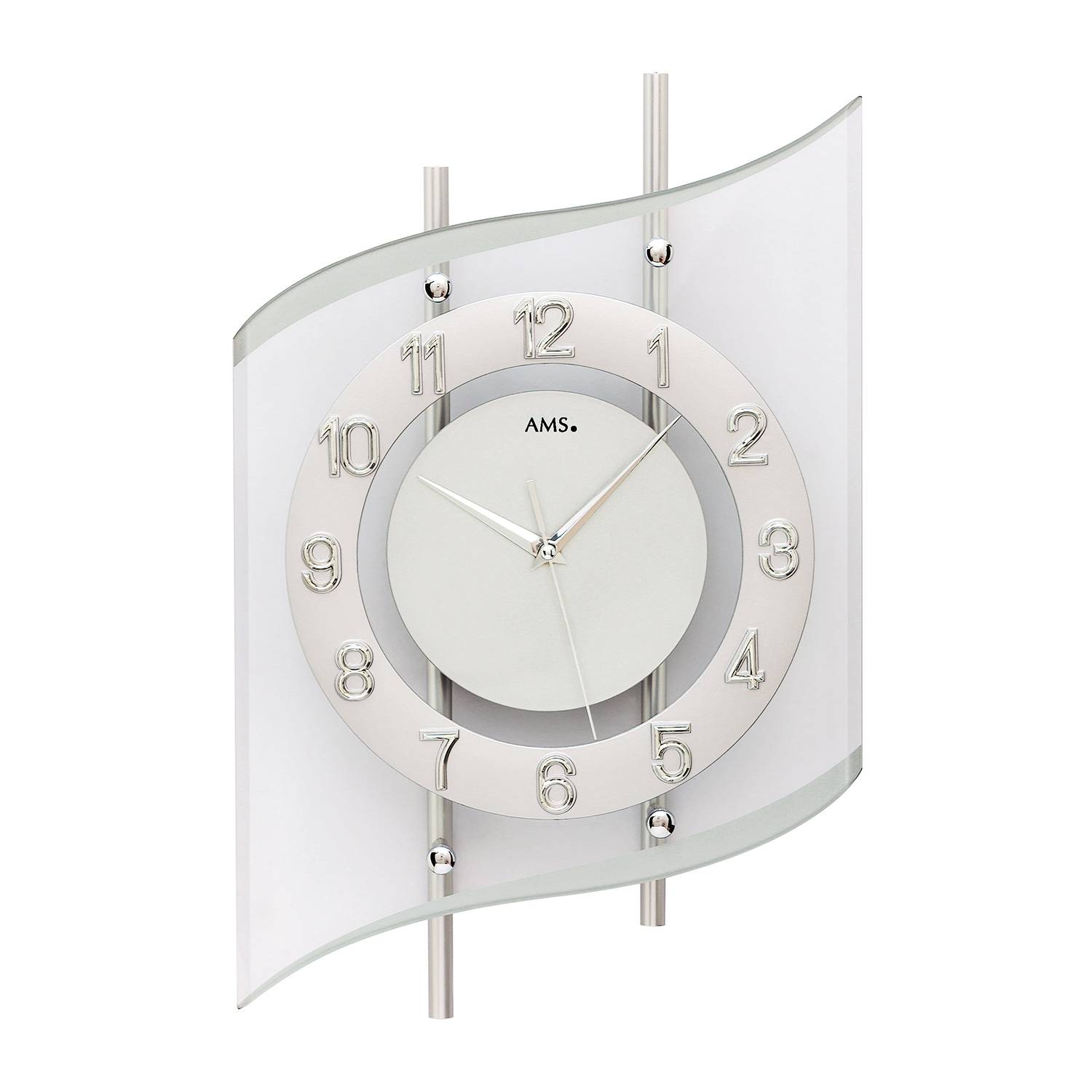 AMS. Wanduhr 5506, Funk, silbernes Metallgehäuse, geschwungenes Mineralglas