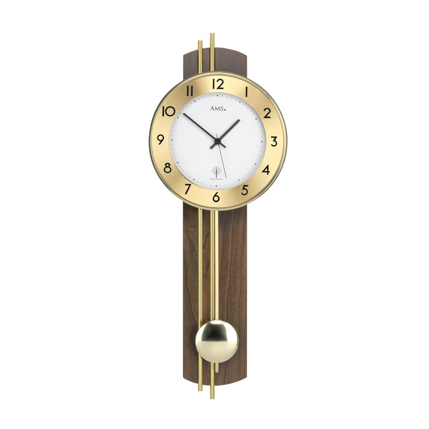 AMS. Pendelwanduhr 5266/1, Funk, Nussbaum furniert, mit Messingstäben