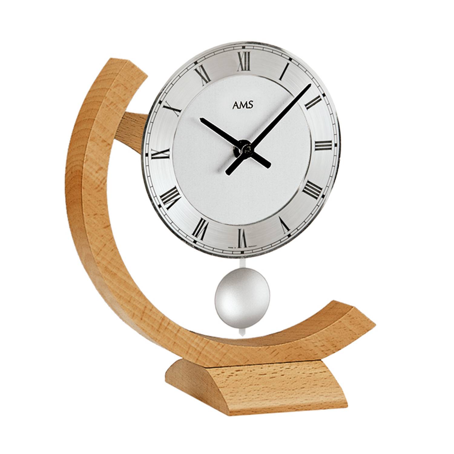 AMS. Pendel-Tischuhr 163, Quarz, Massivholzgehäuse, Buche, Metallzifferblatt