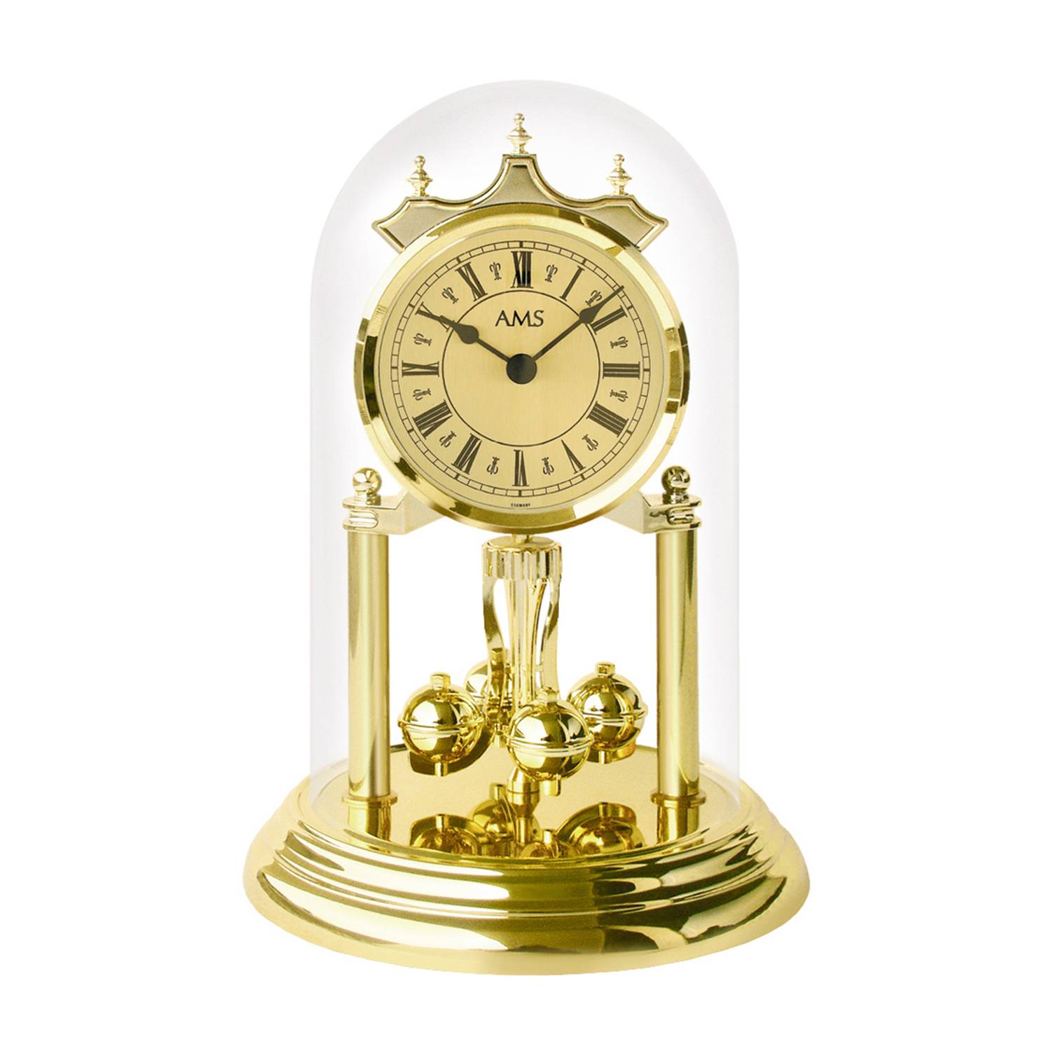 AMS 1203 Quarz-Jahresuhr Camille, Messingoptik, Glasglocke