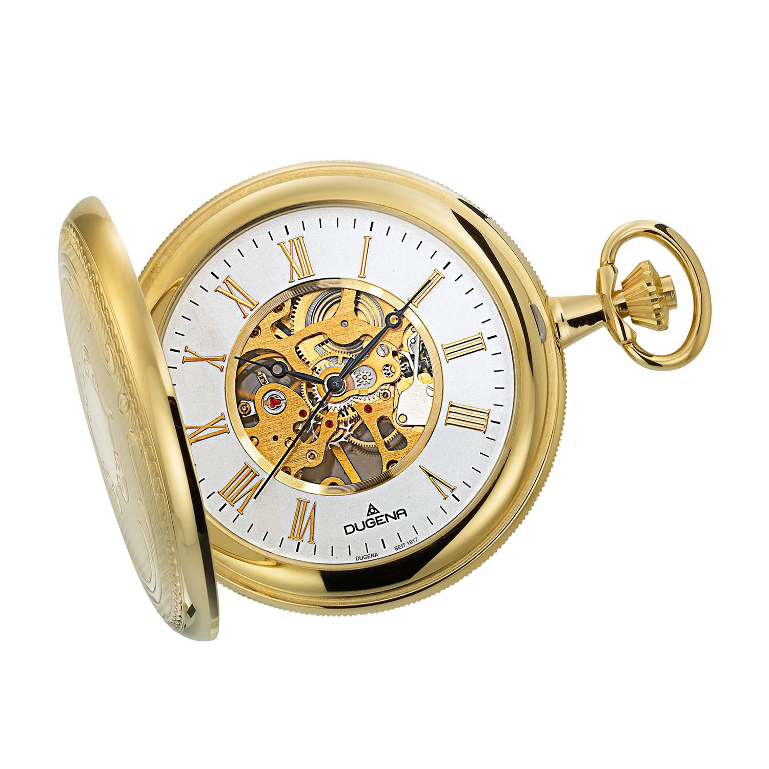 Dugena Herrentaschenuhr 4460307-1, Savonette, Handaufzugswerk, Gold, skelettiert