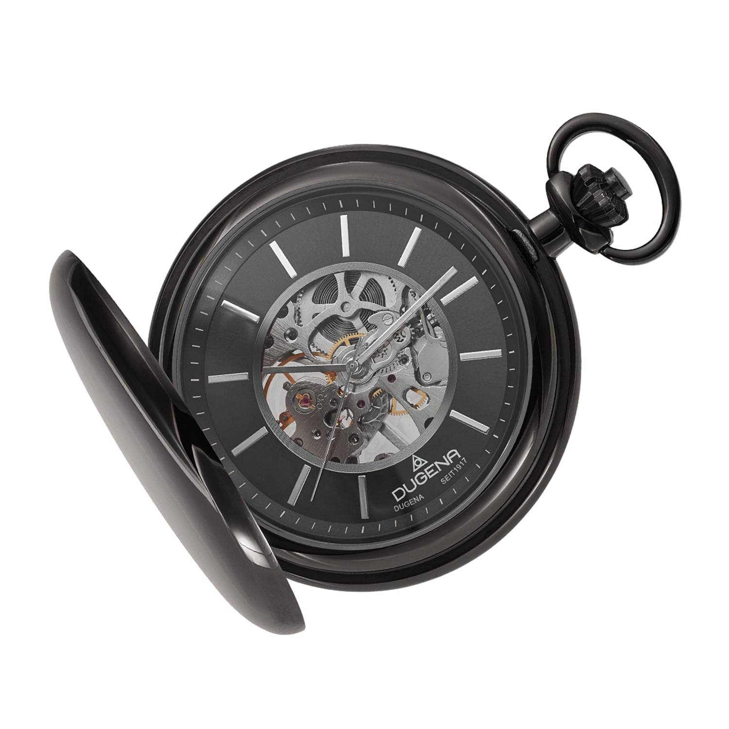 Dugena Herren-Taschenuhr 4460978-1, Savonette, Handaufzug, skelettiert, Schwarz