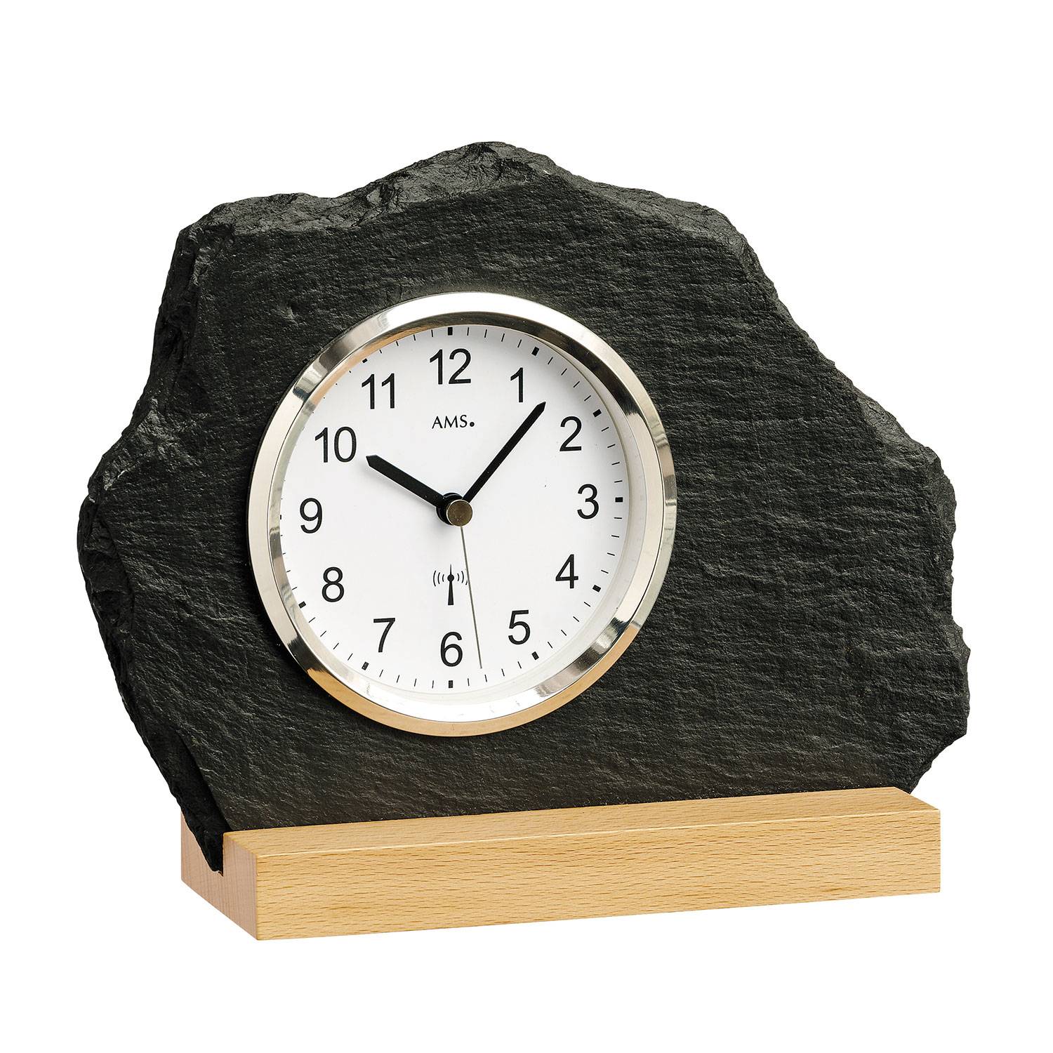 AMS 5114 Funk-Tischuhr, Buche, Naturschiefer, silberner Alu-Frontreif