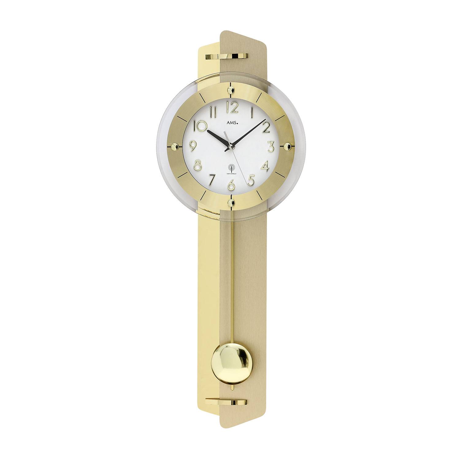 AMS. Pendelwanduhr 5267, Funk, Gold, Holzgehäuse, Mineralglas, made in Germany