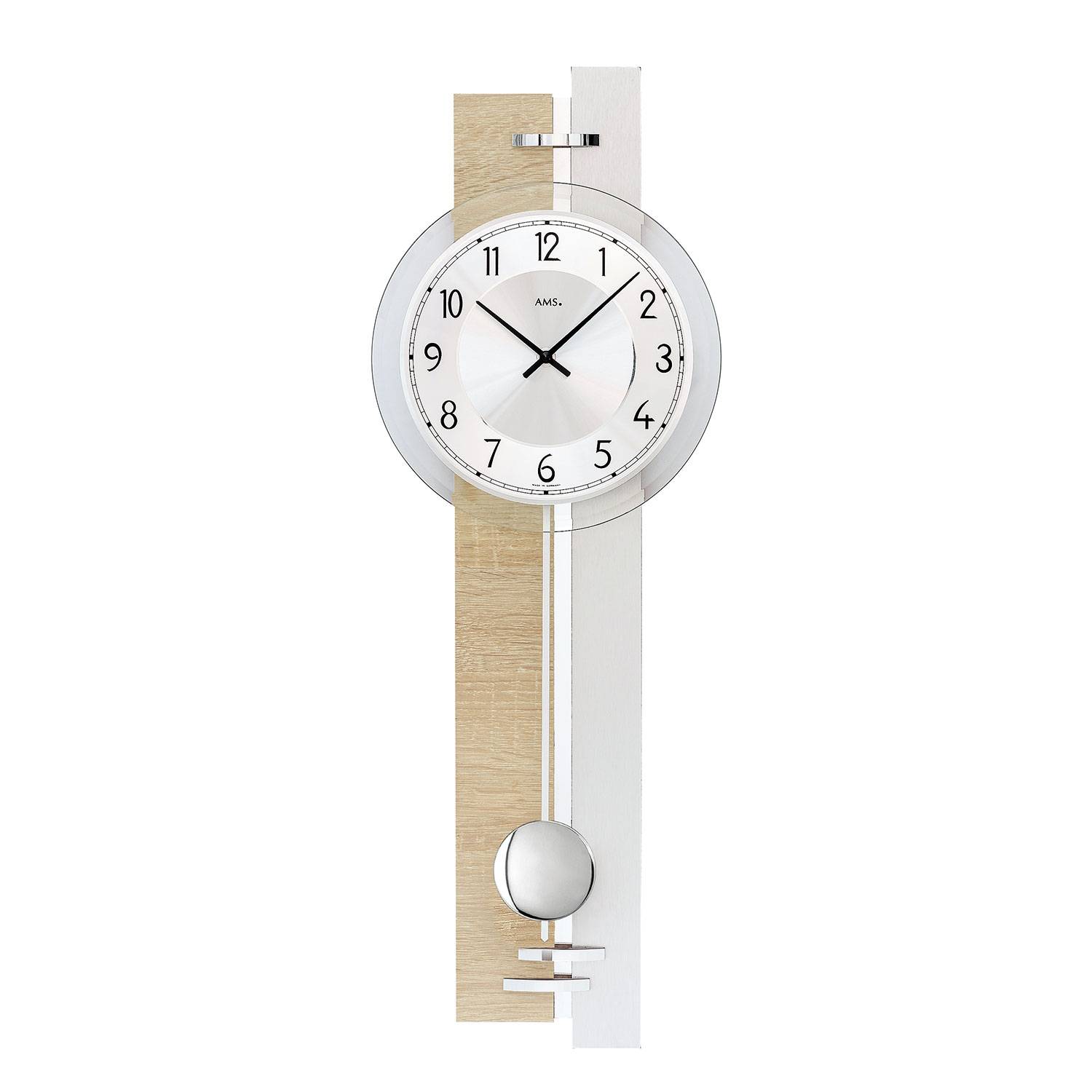AMS. Pendelwanduhr 7441, Quarz, aus Aluminium und Sonoma-Holz, made in Germany