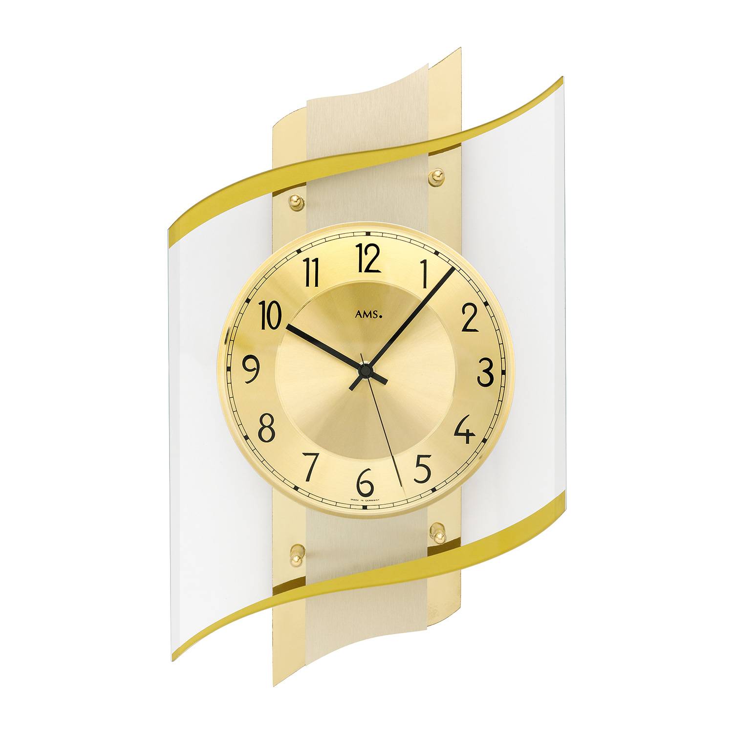 AMS. Wanduhr 5515, Funk, Gold, Holzgehäuse, Messing-Veredelung, made in Germany