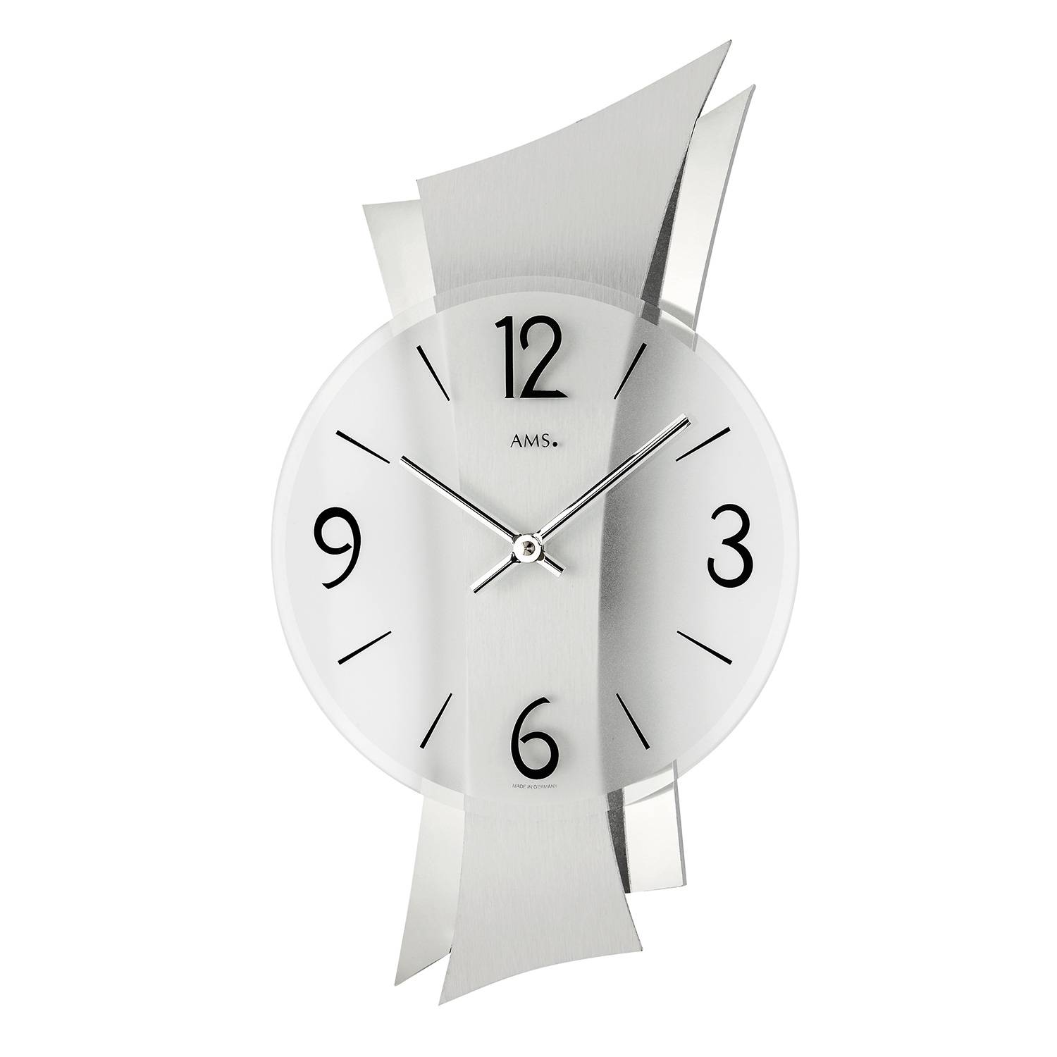 AMS. Wanduhr 9398, Quarz, geschwungene Aluminium Auflage, satiniertes Mineralglas