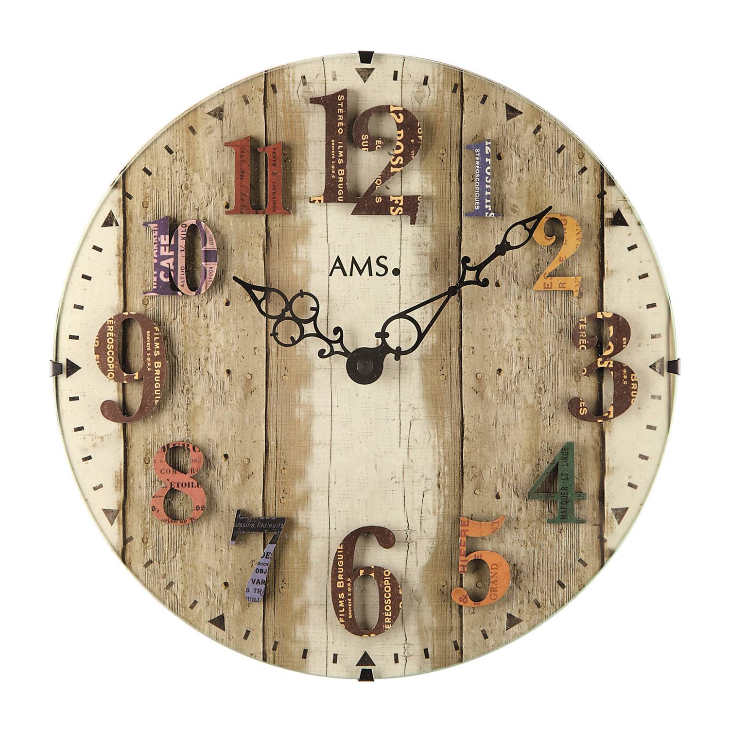 AMS 9423 Quarz-Wanduhr Vintage, aufgelegte Zahlen, bedruckt