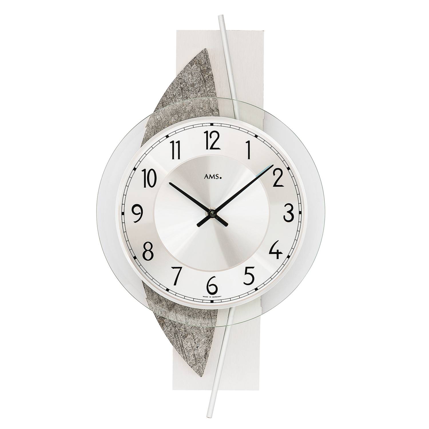 AMS. Wanduhr 9552, Holzgehäuse mit Naturstein, Mineralglas, made in Germany