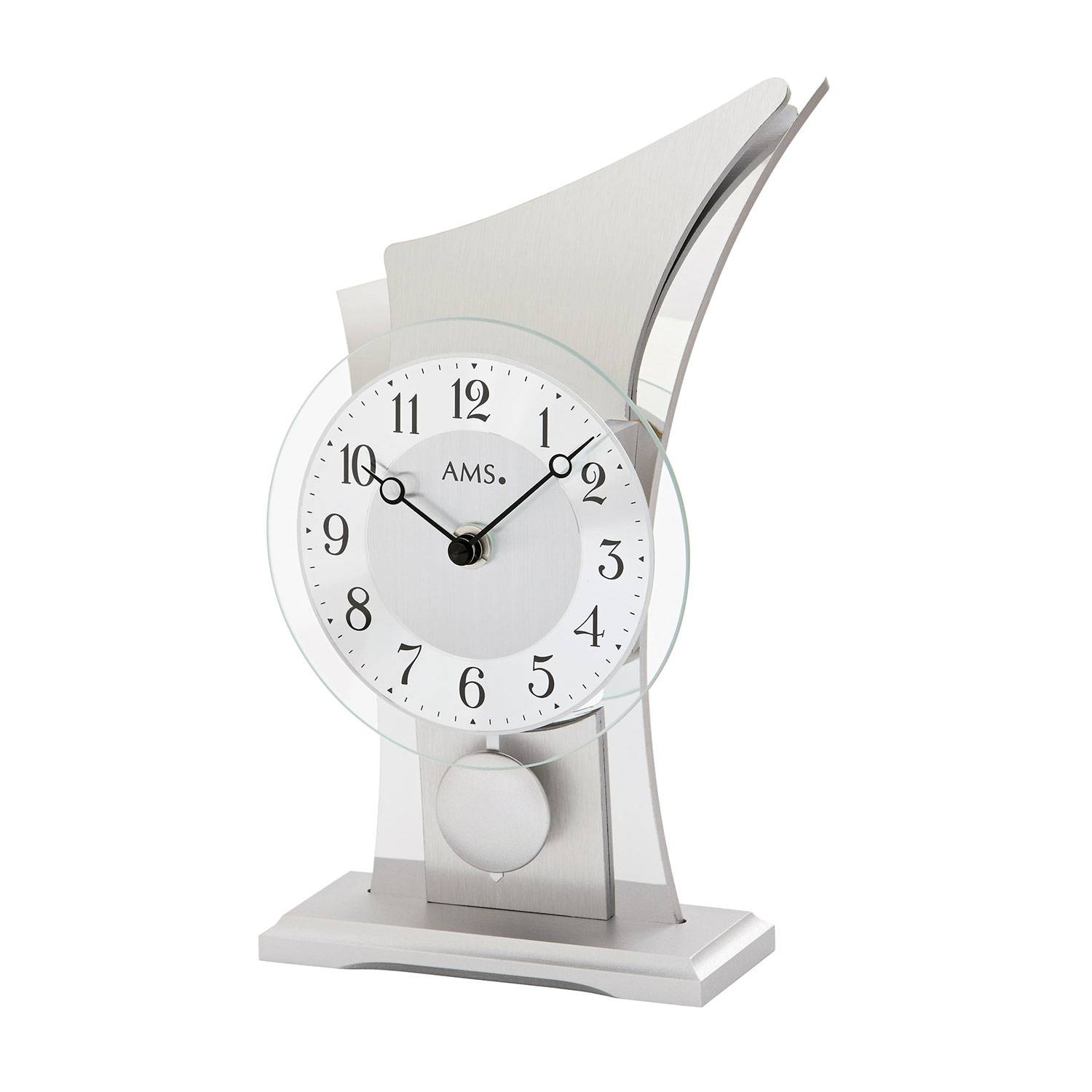 AMS. Pendeltischuhr 1138, Quarz, Silber, geschwungenes Gehäuse, mit Holzsockel