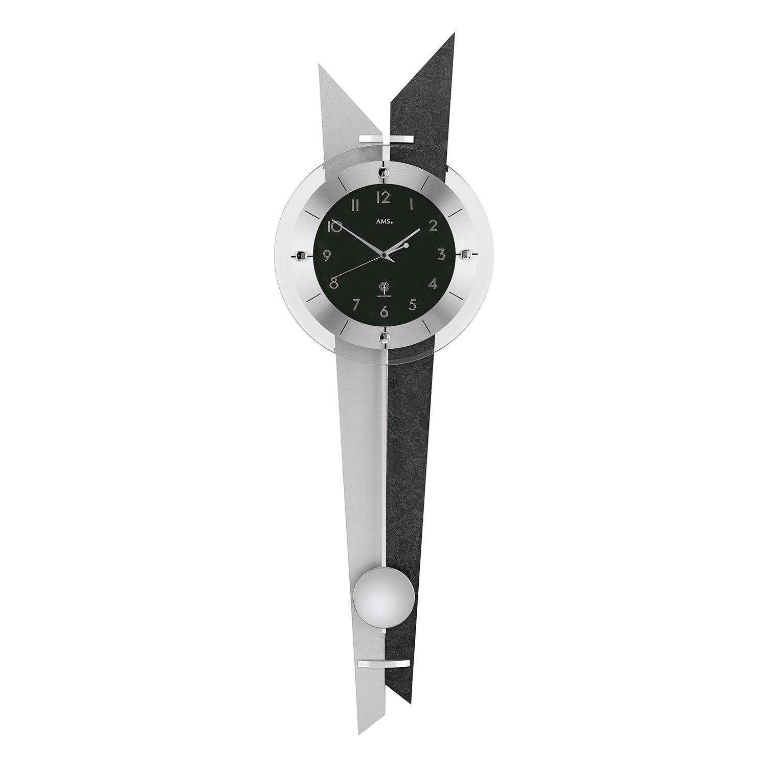 AMS. Pendelwanduhr 5253, Holzgehäuse mit Schieferoptik, Aluminium, Mineralglas