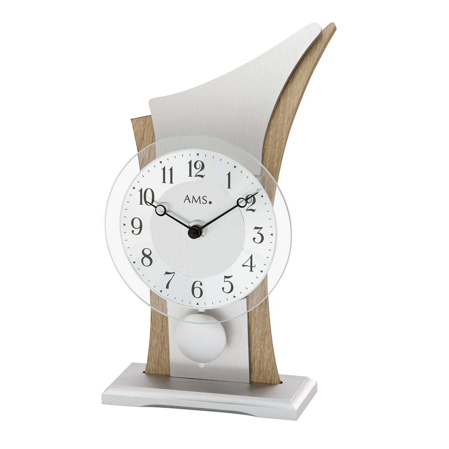 AMS 1139 Quarz-Pendeltischuhr, Holz, Aluminium, Glas