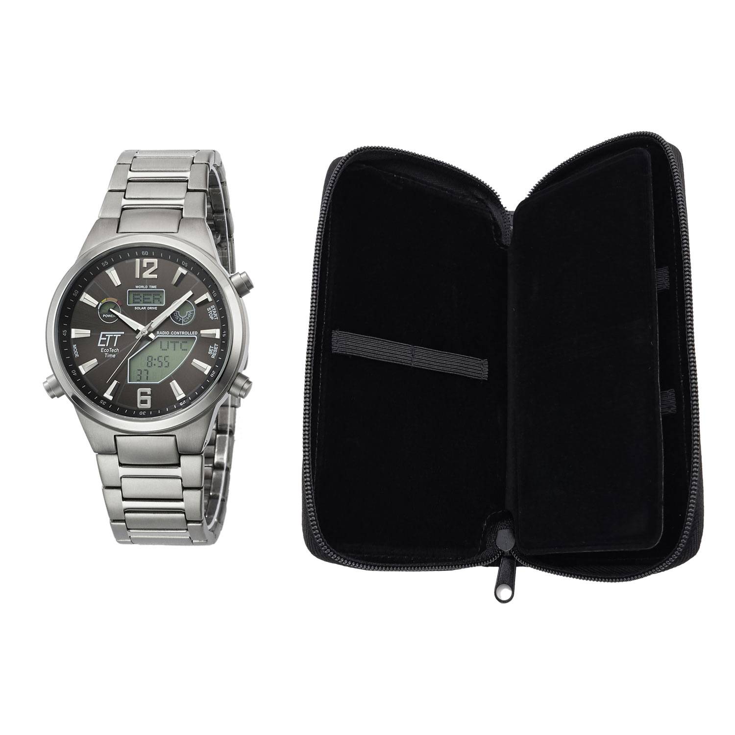 ETT EXKLUSIVSET MIT GRATIS REISE-ETUI: Eco Tech Time Solar Drive Funk Everest II Titan Herrenuhr World Timer - EGT-11380-20M