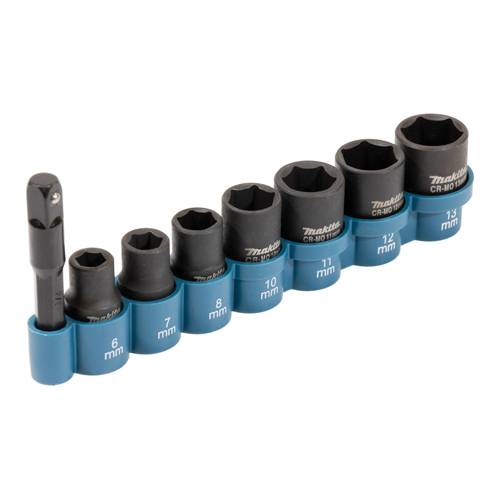 Metrischer Steckschlüsselsatz mit blauem Halter und schwarzen Steckschlüsseln, Größen 6 mm bis 13 mm, plus Verlängerung/Antrieb auf weißem Hintergrund