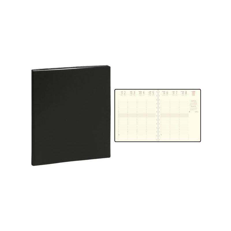 Ein schwarzer Planer mit einem Wochenlayout auf der rechten Seite, der Daten von Montag bis Sonntag, Zeitfächer und Platz für Notizen zeigt.