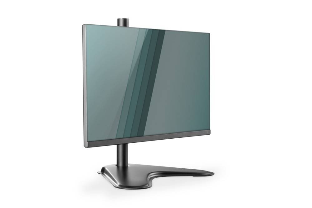 Ein schlanker, moderner Computermonitor mit dünnem Rahmen und einem einzigartigen Ständerdesign, leicht nach rechts geneigt.
