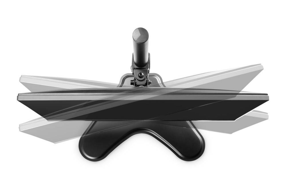 Draufsicht eines schwarzen, verstellbaren Monitorständers mit V-förmiger Basis und zentralem Drehpunkt, der ein schlankes, modernes Design präsentiert.